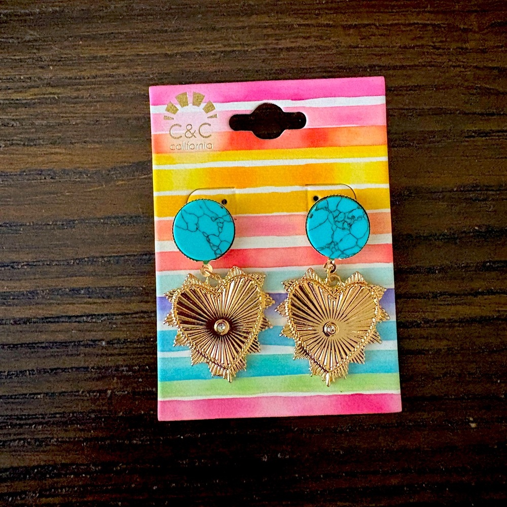 NEW C&C California Gold and Turquoise Heart Earrings